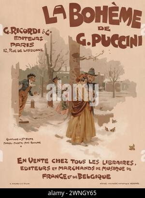 Advertisement for the music score of Giacomo Puccini's La bohème, showing the quartette in the third act between Marcello, Musetta, Mimi, and Roldolpho.  Adolf Hohenstein  for G. Ricordi & C., Milan.  1895 Stock Photo