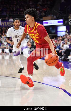 Seattle, WA, USA. 02nd Mar, 2024. USC Trojans guard Oziyah Sellers (4) drives towards the basket during the NCAA Basketball game between the UCSC Trojans and Washington Huskies at Hec Ed Pavilion in Seattle, WA. Steve Faber/CSM/Alamy Live News Stock Photo