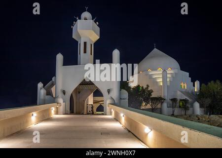 White Salem Bin Laden Mosque built on the island in the twilight, Al Khobar, Saudi Arabia Stock Photo