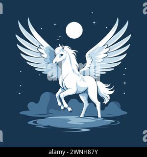 Vector illustration of a white unicorn with wings in the night sky. Stock Vector
