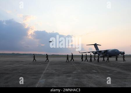 Naval aviators from Navy Patrol Squadron (VP) 8 “Tigers”, currently deployed with Task Force 72 out of Kadena Air Base, Okinawa, Japan take a final walk-through before a mission during the Cobra Gold exercise, Rayong Province, Thailand. Cobra Gold, Feb. 1, 2024. The Cobra Gold exercise is a demonstration of a strong, forward-looking U.S.-Thai defense alliance, rooted in history, which helps to foster a free and open Indo-Pacific region where all countries enjoy prosperity and peace. (Photo by Washington Army National Guard Spc. Elaina Nieves) Stock Photo