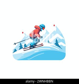 Skiing. Vector illustration in flat style isolated on white background. Stock Vector