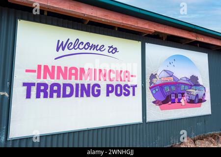 Welcome to Innamincka Trading Post sign in the remote Outback town of Innamincka, South Australia, SA, Australia Stock Photo