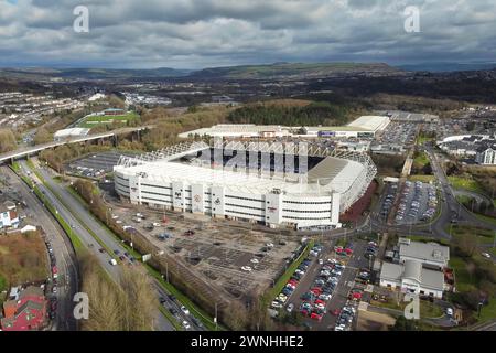 Swansea, Wales, UK.  2nd March 2024.  General Aerial view of the Swansea.com stadium home of English Football League championship team Swansea City FC and Welsh rugby club Ospreys.  Picture Credit: Graham Hunt/Alamy Live News Stock Photo