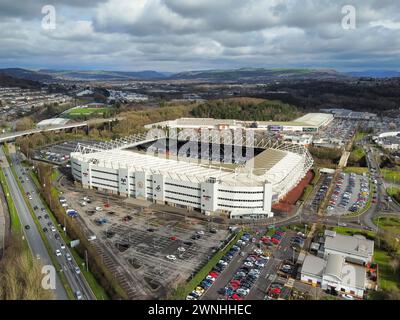 Swansea, Wales, UK.  2nd March 2024.  General Aerial view of the Swansea.com stadium home of English Football League championship team Swansea City FC and Welsh rugby club Ospreys.  Picture Credit: Graham Hunt/Alamy Live News Stock Photo