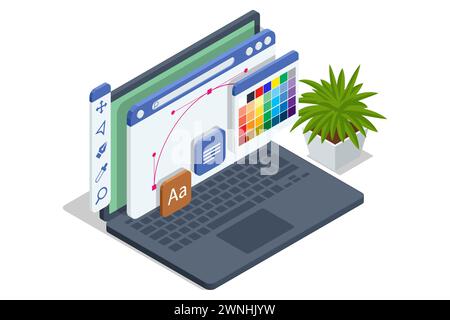 Isometric Graphic design studio. Graphic designer at work. Graphic designer drawing. Web banners, internet marketing, printed material, presentation t Stock Vector