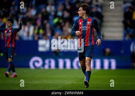 Barcelona, Spain. 02nd Mar, 2024. Hugo Vallejo (SD Huesca) during a La Liga Hypermotion match between RCD Espanyol and SD Huesca at Stage Front Stadium, in Barcelona, Spain on March 2, 2024. (Photo by Felipe Mondino/Sipa USA) Credit: Sipa USA/Alamy Live News Stock Photo