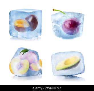 Frozen food. Different fruits and avocado in ice cubes isolated on white, set Stock Photo