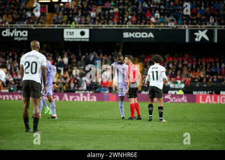 Antonio Rudiger of Real Madrid, Peter Gonzalez of Valencia CF in action during the La Liga EA Sport Regular Season Round 27 on march 2, 2024 at Mestal Stock Photo