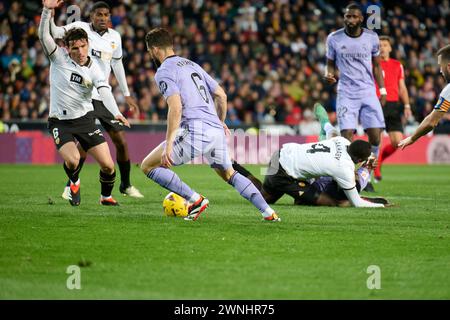 Hugo Guillamon of Valencia CF, Jose Ignacio Nacho Fernandez Iglesias of Real Madrid, Mouctar Diakhaby of Valencia CF in action during the La Liga EA S Stock Photo