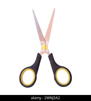 Top view of small multipurpose scissors with black handle is isolated on white background with clipping path. Stock Photo