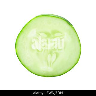 Top view of single fresh cucumber slice or piece is isolated on white background with clipping path. Stock Photo