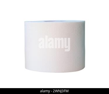 Front view of white tissue paper roll is isolated on white background with clipping path. Stock Photo