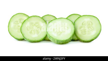 Front view of cucumber slices or pieces in stack is isolated on white background with clipping path. Stock Photo