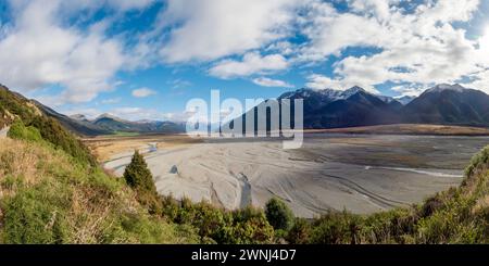 Arthurs Pass Scenic Lookout with Waimakariri River and Southern Alps in South Island of New Zealand Stock Photo