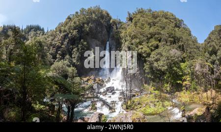 Tarawera Cascades : Where Lush Vegetation meets Clear Water of Tarawera River, Must See Waterfall in North Island, New Zealand Stock Photo