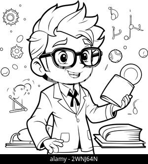 Black and White Cartoon Illustration of a Boy Student or Professor with Books and Microscope for Coloring Book Stock Vector