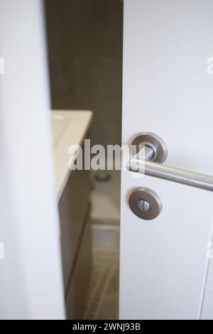 gray bathroom door slightly open . Stock Photo