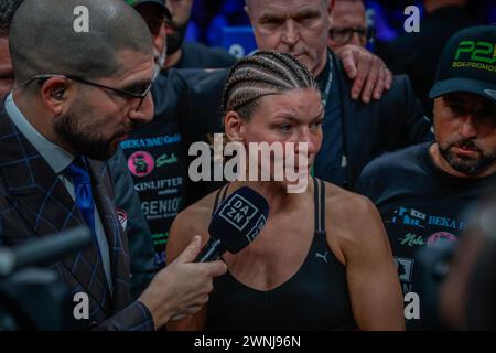 San Juan, Puerto Rico. 02nd Mar, 2024. Boxing: Featherweight, women, world championship fight, Serrano (Puerto Rico) - Meinke (Germany). Nina Meinke gives an interview. Credit: Kendall Torres/dpa/Alamy Live News Stock Photo