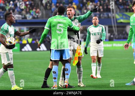 Seattle, WA, USA. 02nd Mar, 2024. An in-match argument during the MLS soccer match between the Seattle Sounders and Auston FC in Seattle, WA. Steve Faber/CSM/Alamy Live News Stock Photo