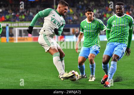 Seattle, WA, USA. 02nd Mar, 2024. Austin FC's Diego Rubio and Seattle Sounders defender Nouhou Tolo (5) during the MLS soccer match between the Seattle Sounders and Auston FC in Seattle, WA. Steve Faber/CSM/Alamy Live News Stock Photo