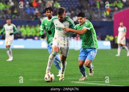 Seattle, WA, USA. 02nd Mar, 2024. Seattle Midfielder Obed Vargas (18) and Austin's Diego Rubio (14) during the MLS soccer match between the Seattle Sounders and Auston FC in Seattle, WA. Steve Faber/CSM/Alamy Live News Stock Photo