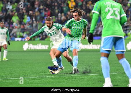 Seattle, WA, USA. 02nd Mar, 2024. Austin FC midfielder Alexander Ring (8) and Seattle Sounders midfielder Pedro de la Vega (10) during the MLS soccer match between the Seattle Sounders and Auston FC in Seattle, WA. Steve Faber/CSM/Alamy Live News Stock Photo