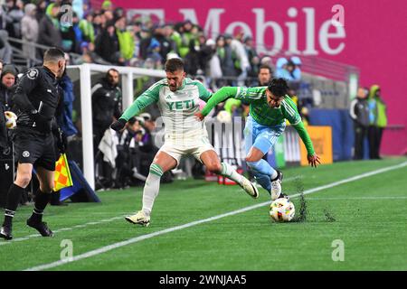 Seattle, WA, USA. 02nd Mar, 2024. Seattle Sounders defender Xavier Arreaga (3) jousts with Austin FC midfielder Héctor Jiménez (16) during the MLS soccer match between the Seattle Sounders and Auston FC in Seattle, WA. Steve Faber/CSM/Alamy Live News Stock Photo