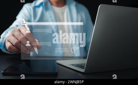 Businessman chatting with a smart AI using an artificial intelligence chatbot developed by OpenAI, Chat GPT concept, Artificial intelligence system su Stock Photo