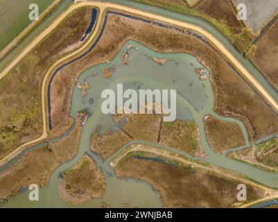 Aerial view of the Bassa de les Olles wetland in winter, north of the Ebro Delta (Tarragona, Catalonia, Spain) ESP: Vista aérea del humedal Delta Ebro Stock Photo