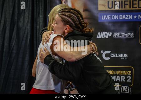 San Juan, Puerto Rico. 02nd Mar, 2024. Boxing: Featherweight, women, world championship fight, Serrano (Puerto Rico) - Meinke (Germany). Nina Meinke hugs Pam Stepnick, mother of Jake Paul, after the canceled fight. Credit: Kendall Torres/dpa/Alamy Live News Stock Photo