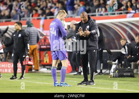 Chicago, USA, 02 March 2024. Major League Soccer (MLS) Chicago Fire FC goalkeeper coach Zach Thornton provides some advice to Chris Brady (34) during a break in the action in a match against FC Cincinnati at Soldier Field in Chicago, IL, USA. Credit: Tony Gadomski / All Sport Imaging / Alamy Live News Stock Photo