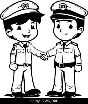 Illustration of a boy and a girl in police uniform shaking hands Stock Vector