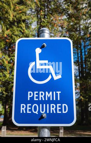 Handicap parking sign with trees background. Handicapped parking spot. Blue handicapped sign. Disabled parking permit sign on pole. Reserved parking l Stock Photo