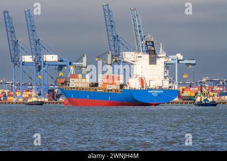 Felixstowe, Suffolk, England, UK - November 22, 2022: View of a container ship arriving at Felixstowe Harbour Stock Photo