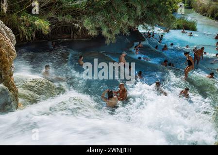 Water cascades from the hot thermal springs of Saturnia, Tuscany, Italy Stock Photo