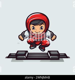 Cute little boy in astronaut costume running on the runway. Vector illustration. Stock Vector