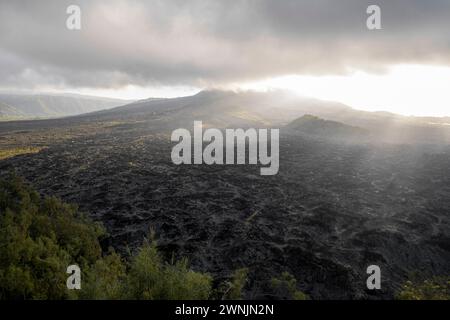 Black Lava Site during breathtaking sunrise moment, Kintamani, Bali, Indonesia Stock Photo