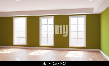 Khaki Room with Three Large Windows, Light Glossy Herringbone Parquet Floor and a white Plinth. Beautiful Concept of the Empty Interior. 3D Rendering, Stock Photo
