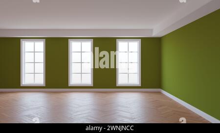 Interior with Khaki Walls, White Ceiling and Cornice, Three Large Windows, Herringbone Parquet Flooring and a White Plinth. Beautiful Concept of the R Stock Photo