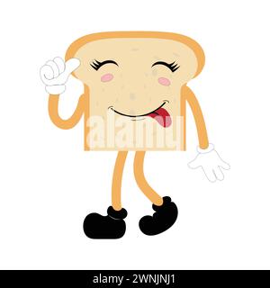 Happy Bread Slice Cartoon Mascot Character, Funny Sandwich Cartoon Vintage Bread Character Retro Style Bread Logo Vector Illustration 60s 70s Stock Vector