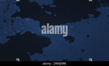 Illustrative map of a fictional city in blue tones. Abstract dark city map background. Stock Photo