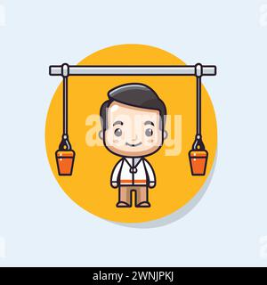 Cute cartoon boy hanging lanterns on a rope. Vector illustration. Stock Vector