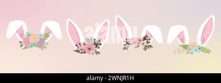 Bunny face elements set cartoon flat design ears vector illustration isolated. Rabbit mask filter with flower crown. Stock Vector
