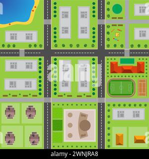 Plan Of City. Top view of the city with the road, crossroad, high-rise buildings, trees, shrubs, beach, playground, office building, concert hall, sta Stock Vector