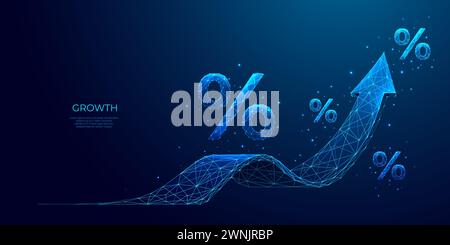 Arrow up and percent polygonal symbols on technology blue background.  Stock Vector