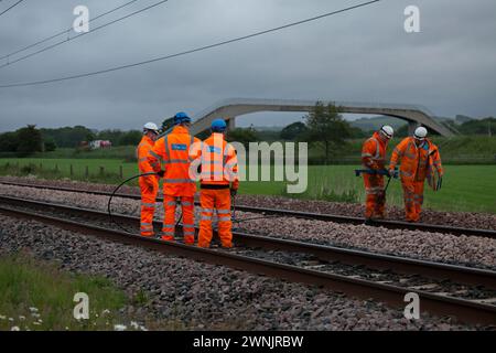 Contractors working for Network Rail on the west coast mainline in Lancashire Stock Photo