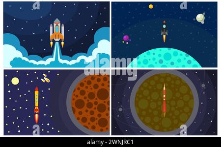 Set of four vector illustration with flying rocket. Space travel. Stock Vector