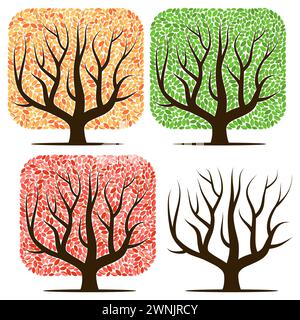 Four trees with green, red, yellow leaves and without leaves. Vector illustration isolated on a white background Stock Vector