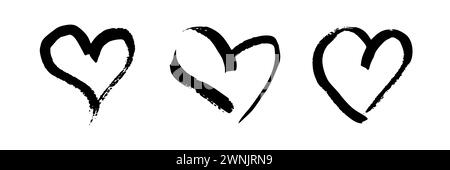 Hand drawn brush hearts. Set of three grunge black doodle hearts on white background. Romantic love symbol. Vector illustration. Stock Vector